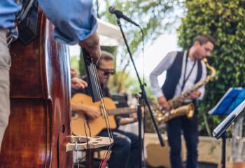 Band playing on stage. 