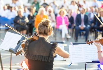 Musician playing violin at classical music concert or outdoors event in front of blurred audience