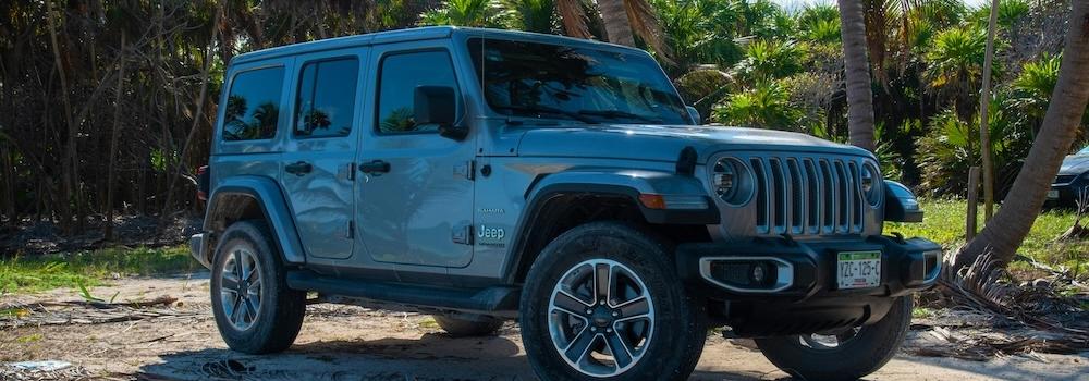 Blue jeep on display